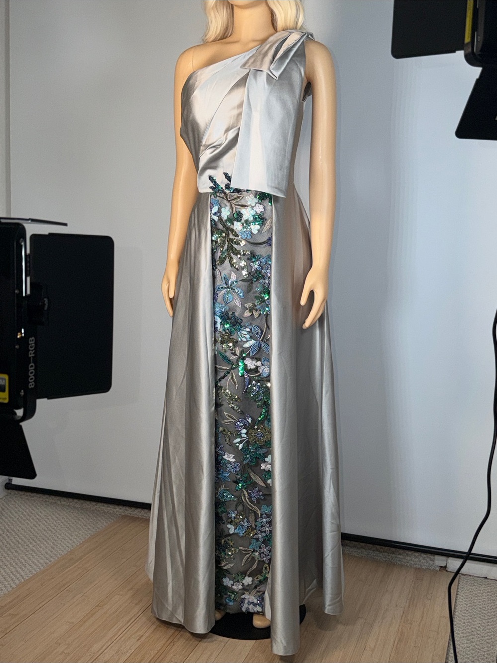 Silver One-Shoulder Evening Gown with Embellished Floral Panel